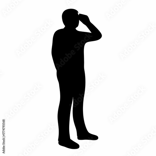 Silhouette of a person standing with hand on head, looking far away