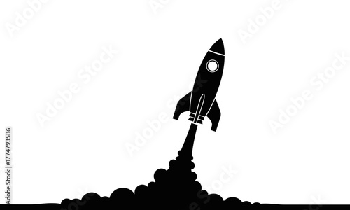 Silhouette of a rocket ship launching into space, a graphic icon representing a business startup, innovation, and rapid growth
