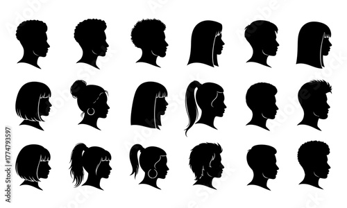 A comprehensive set of human profile silhouettes, showcasing diverse hairstyles for men, women, boys, and girls. Vector graphic collection