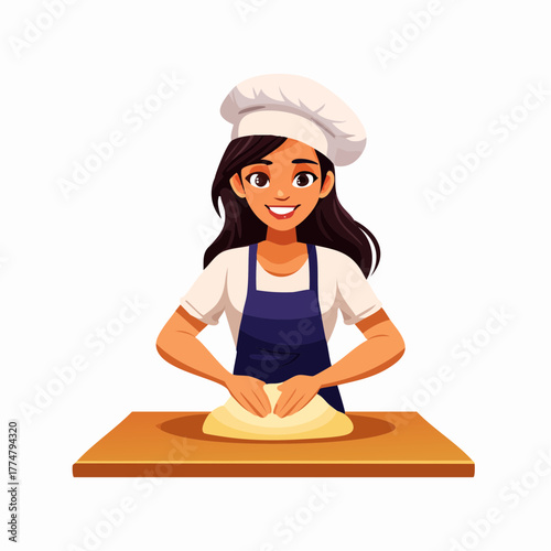 Smiling female chef kneading dough on wooden table with white background