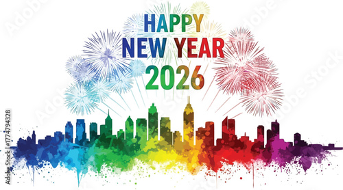 Happy new year 2026 with colorful fireworks over a city skyline, celebrating arrival of new year