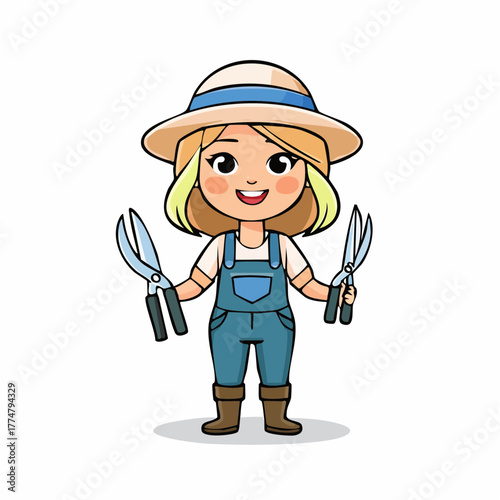 Smiling female gardener holding shears on white background