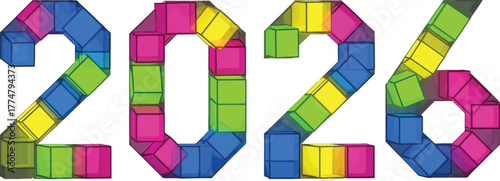 Colorful 3d blocks forming 2026 new year, creating a modern and vibrant design for festive celebrations and future