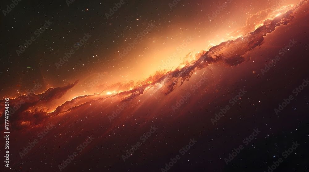 Fototapeta premium A vibrant fiery nebula displays brilliant colors and cosmic dust clouds