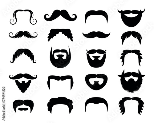 Collection of diverse mustache and beard styles, showcasing a variety of grooming trends and facial hair fashions