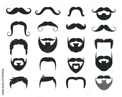 A collection of various beard styles and mustaches for men, showcasing different facial hair trends and grooming options