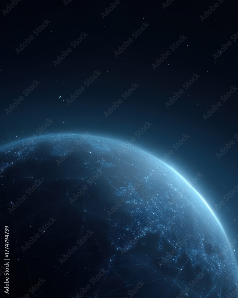 Obraz premium Digital Earth surrounded by glowing blockchain connections, future of finance,