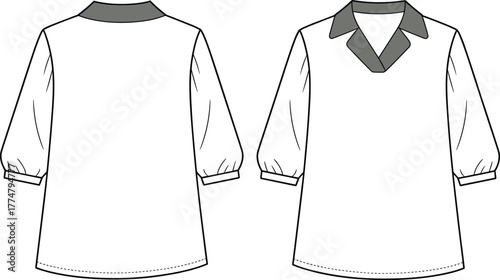 Blouse fashion illustration, technical flat sketch, front and back view, gathered neckline, puff sleeves, tie detail, voluminous sleeve womenswear top