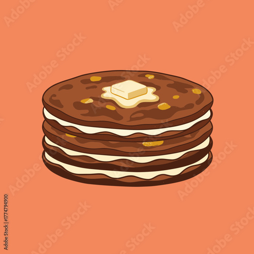 Delicious Stack of Chocolate Pancakes with Butter and Syrup.