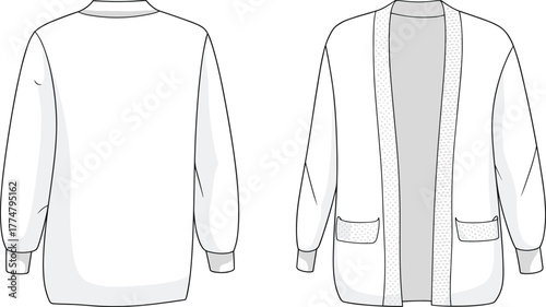Cardigan fashion illustration, technical flat sketch, front and back view, long sleeve knitwear, ribbed cuffs, patch pockets, relaxed fit design