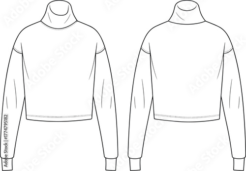 Crop top fashion illustration, technical flat sketch, front and back view, turtleneck collar, long sleeve, dropped shoulder, ribbed cuffs casualwear