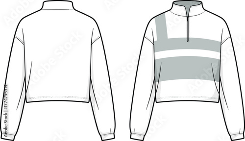 Cropped pullover fashion illustration, technical flat sketch, front and back view, quarter zip collar, color block design, long sleeve casualwear