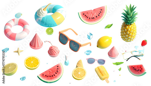 Summer themed isolated objects floating, including food, accessories, and flotation devices