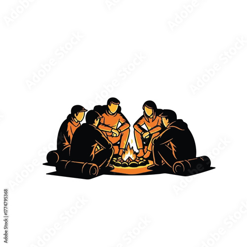 Friends Gather Around a Campfire in Nature, Illustration, Cozy Evening, Warm Atmosphere