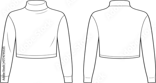 Cropped turtleneck top fashion illustration, technical flat sketch, front and back view, long sleeve, fitted cuffs, minimal design womenswear