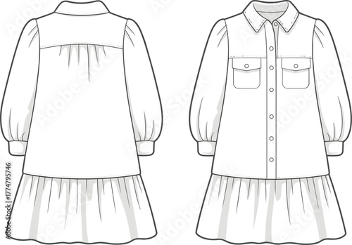 Dress fashion illustration, technical flat sketch, front and back view, collared neckline, puff sleeves, chest pockets, gathered skirt, button down