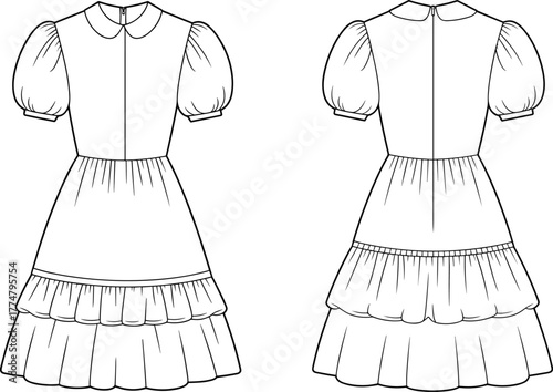 Dress fashion illustration, technical flat sketch, front and back view, Peter Pan collar, puff sleeves, tiered gathered skirt, fitted bodice womenswear