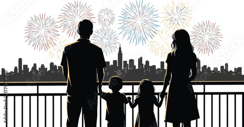 Family of four enjoying a fireworks display over a city skyline, creating a memorable and festive moment