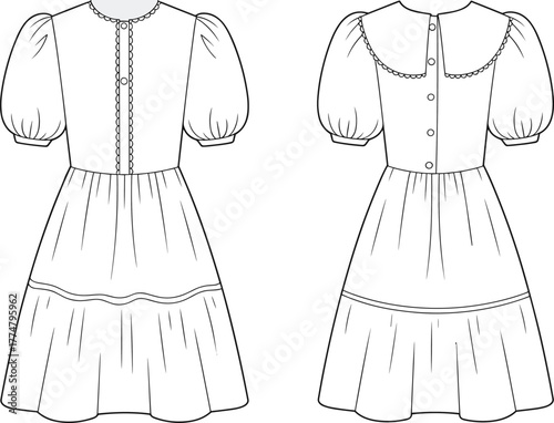 Dress fashion illustration, technical flat sketch, front and back view, puff sleeves, button placket, tiered gathered skirt, decorative trim womenswear