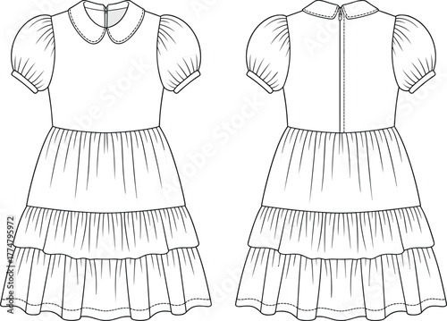 Girls dress fashion illustration, technical flat sketch, front and back view, Peter Pan collar, puff sleeves, tiered skirt, zipper closure