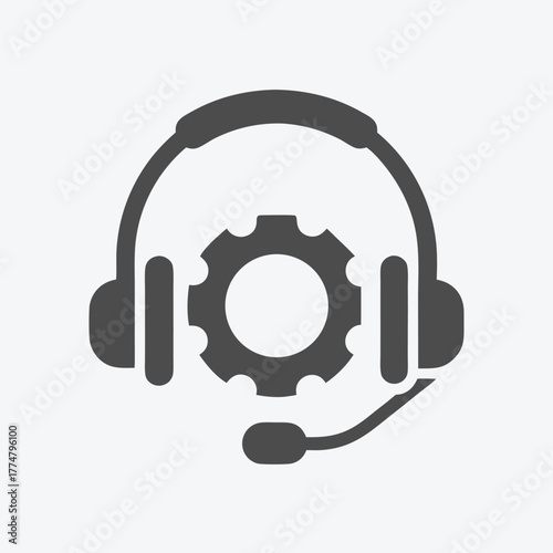 A black headset and cog symbol together represent technical support or assistance icon
