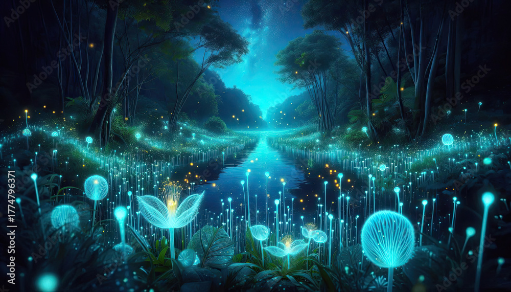 Fototapeta premium Enchanting bioluminescent forest at night with glowing flowers and a serene river