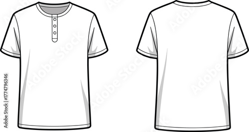 Henley shirt fashion illustration, technical flat sketch, front and back view, short sleeve, round neckline, four button placket, casual apparel