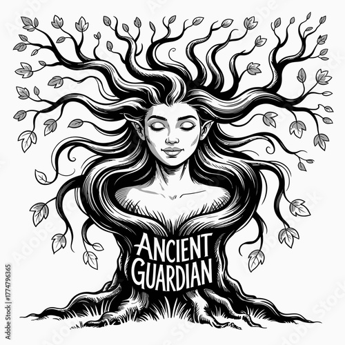 Beautiful Nature Spirit Woman with Tree Hair and Roots Vector Illustration, Peaceful Dryad as an Ancient Forest Guardian for Ecology or Fantasy.