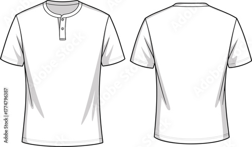 Henley shirt fashion illustration, technical flat sketch, front and back view, short sleeve, round neckline, button placket, casual menswear apparel