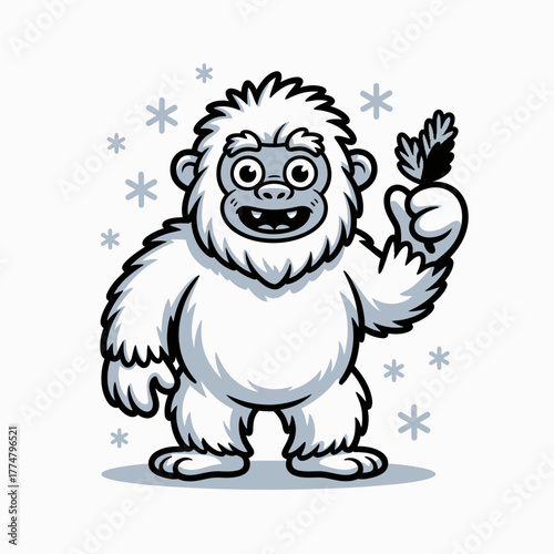Cute and Friendly White Yeti Holding a Green Leaf in Winter Vector Illustration, Happy Cartoon Bigfoot Character with Blue Snowflakes, Adorable Abominable Snowman Nature Graphic