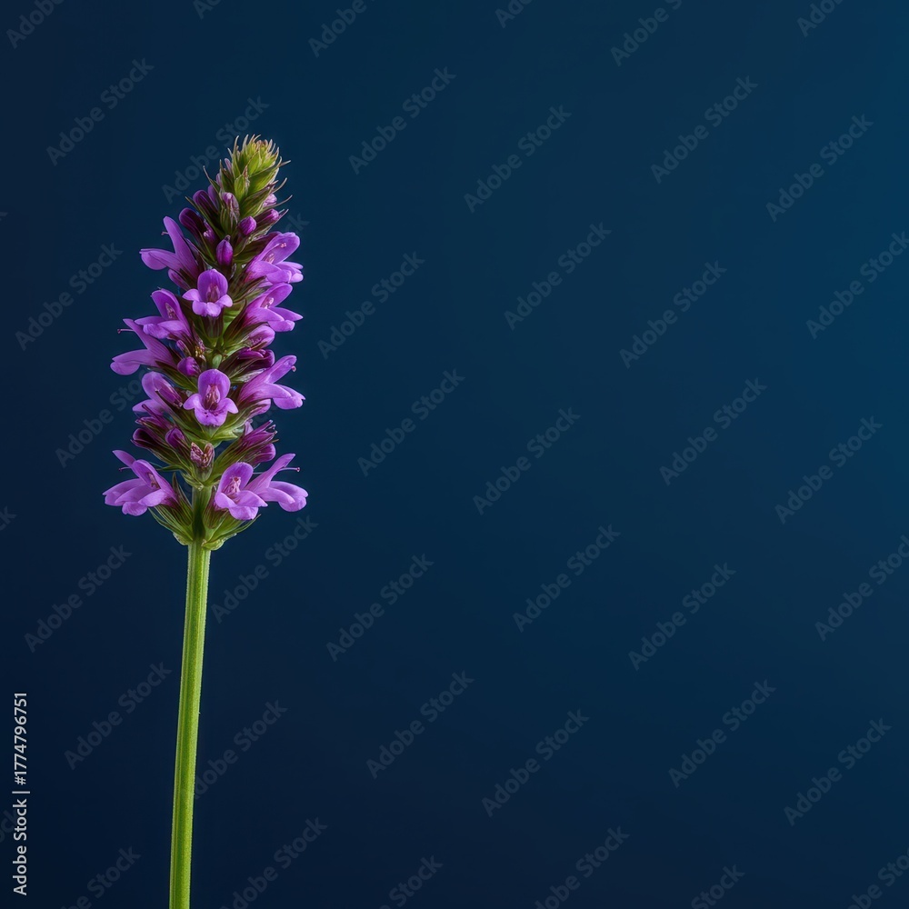 Obraz premium A vibrant purple blossom featuring a slender green stem stands prominently in the foreground, sharply contrasting with the deep, uniform blue background ,stem, minimalism, blossom