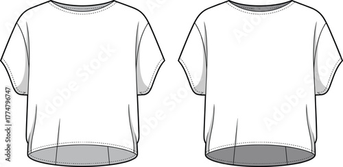 Oversized t shirt fashion illustration, technical flat sketch, front and back view, high low hem, dropped shoulders, loose fit casualwear