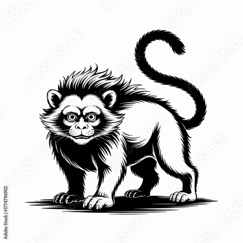 Mysterious Black and White Chimera-like Monkey with Lion's Mane and Hypnotic Eyes, Stylized Vector Illustration of a Mythical Beast