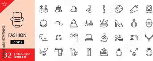 Fashion icons set. Includes symbols of clothing, accessories, trends, beauty, style, and modern outfits. Editable stroke. Vector illustration. Outline icons. Perfect for lifestyle. 