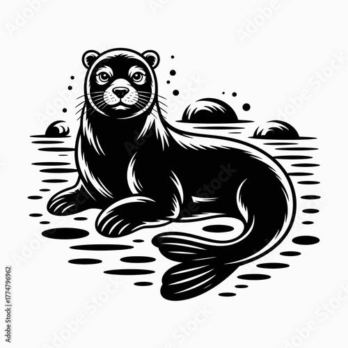 Stylized Black and White Sea Lion or Seal Vector Illustration Resting on Wavy Water, Perfect for Marine Life Themes, Nature Designs, or Animal Logos