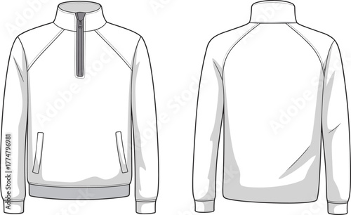 Quarter zip pullover sweatshirt template, fashion sketch, unisex apparel design, casualwear illustration, technical clothing drawing, sportswear mockup, vector outfit style