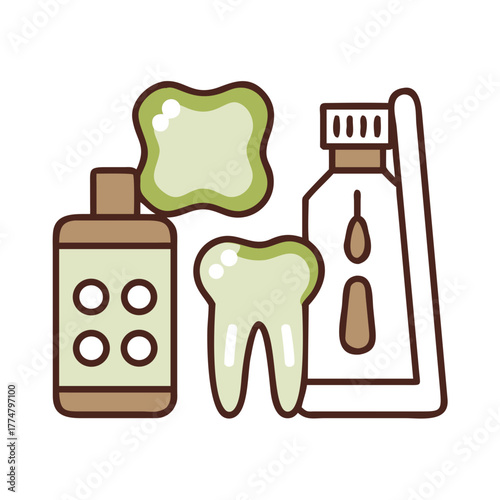 Dental hygiene items including a tooth mouthwash and toothpaste isolated on white background