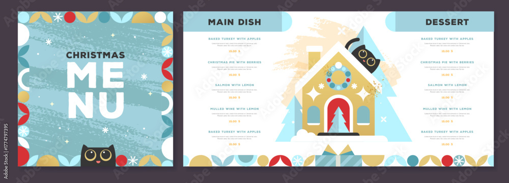 Obraz premium Restaurant Christmas holiday flat menu design with funny cats on blue background. Vector illustration