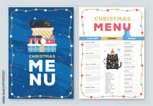 Restaurant Christmas holiday flat menu design with funny cats on blue background. Vector illustration