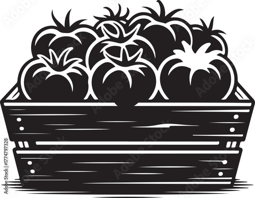 Black and white illustration of ripe tomatoes in a wooden crate