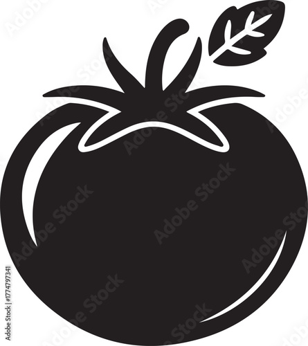 Simple black silhouette of a ripe tomato with a green leaf