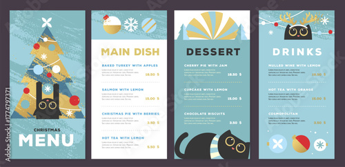 Restaurant Christmas holiday flat menu design with funny cats on blue background. Vector illustration