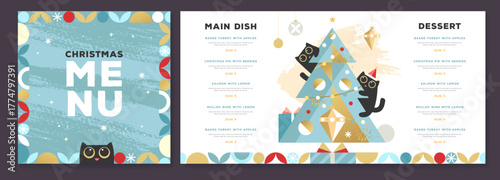Restaurant Christmas holiday flat menu design with funny cats on blue background. Vector illustration
