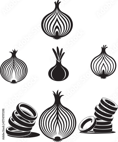 Black and white illustration of fresh onions and crispy onion rings