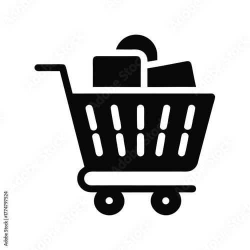 A black shopping cart icon is filled with boxes and a can
