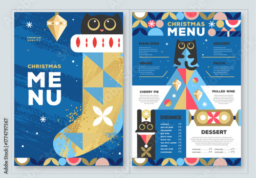 Restaurant Christmas holiday flat menu design with funny cats on blue background. Vector illustration