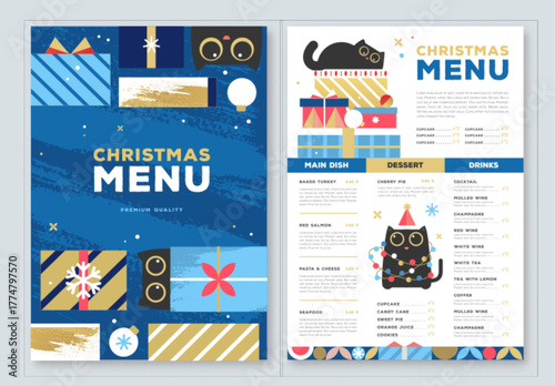 Restaurant Christmas holiday flat menu design with funny cats on blue background. Vector illustration
