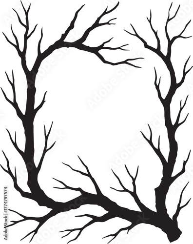 Tree branch frame icon in black silhouette style with curved bare limbs for nature, gothic, and decorative design themes