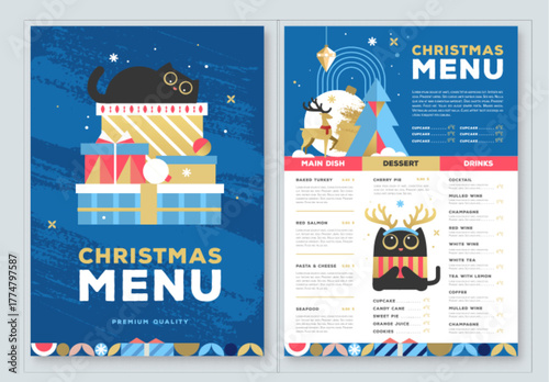 Restaurant Christmas holiday flat menu design with funny cats on blue background. Vector illustration