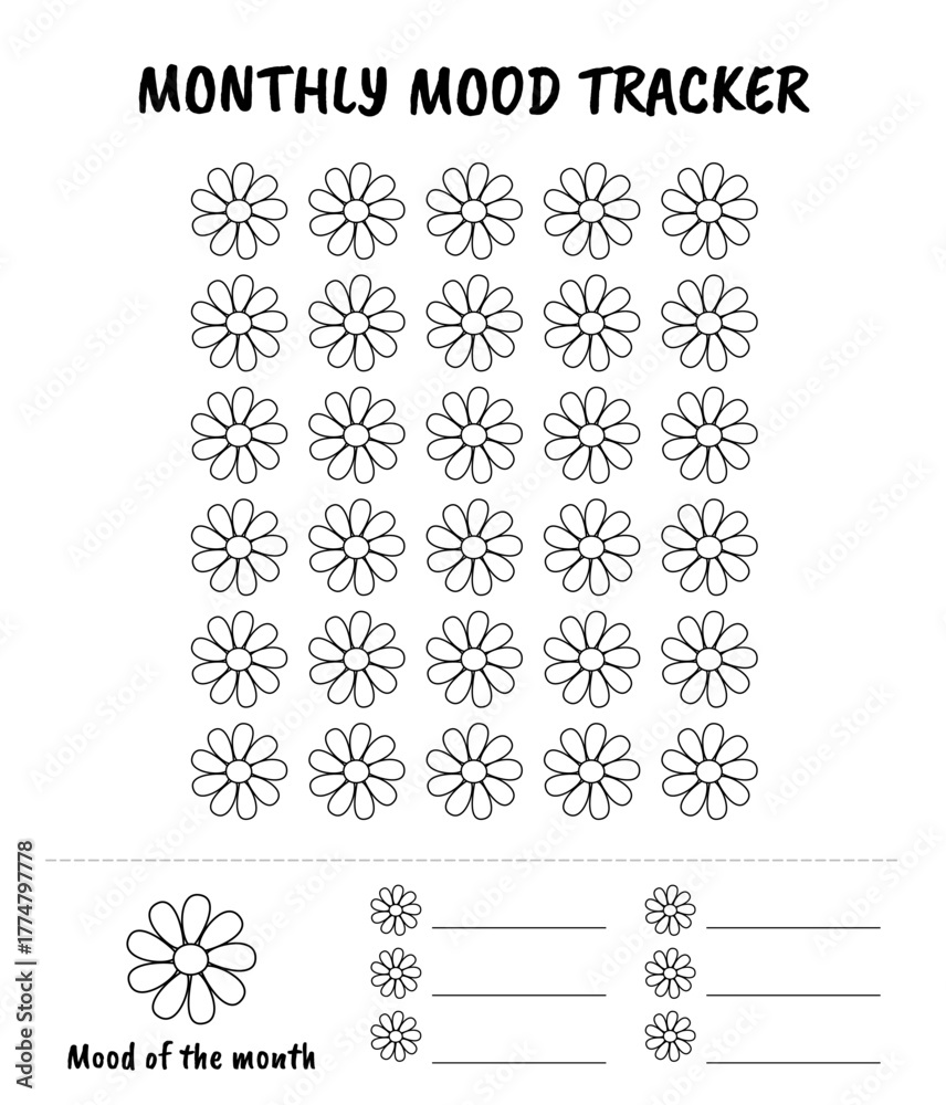 Fototapeta premium Monthly mood tracker vector template. Bullet journal page with chamomile daisy doodle style flowers for coloring. Note in planner state of mind, feelings, physical and mental health tracking